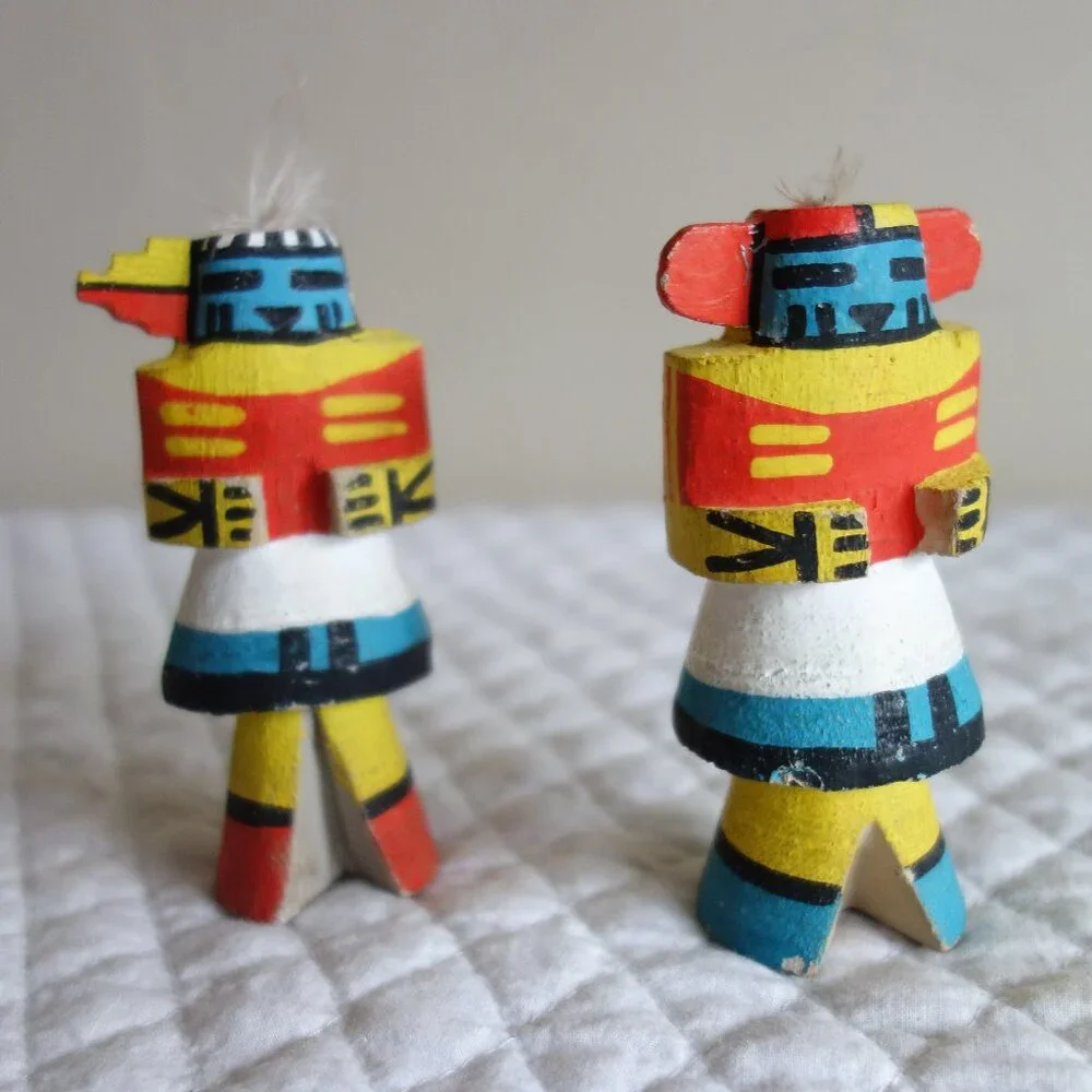 2 Vtg Hand Carved Painted Signed Native American Kachina Wooden Dolls